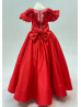 Short Sleeves Red Lace Satin Flower Girl Dress